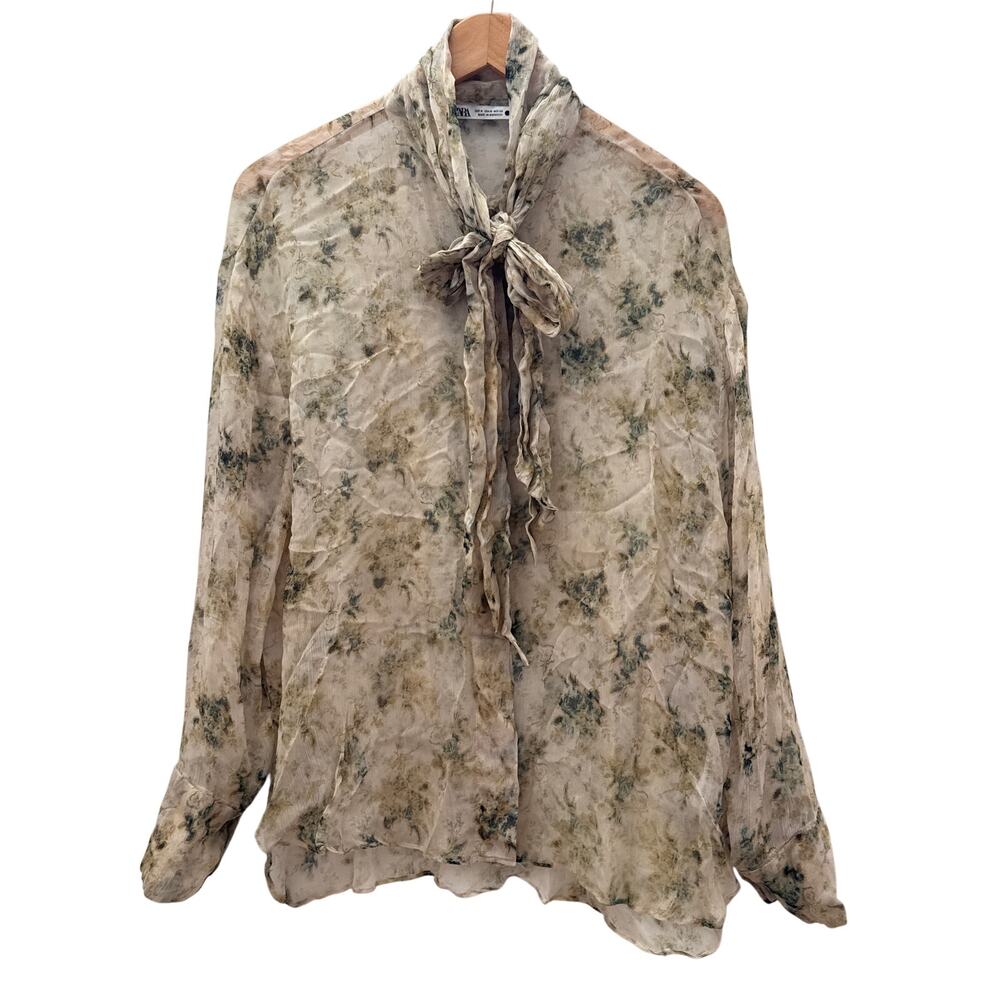 Zara Sheer Floral Blouse With Tie At Neck